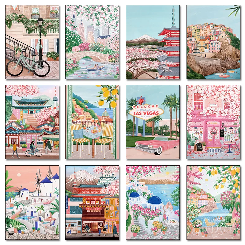 Pósteres de viajes de primavera a ciudades como Italia, Japón y Nueva York, ilustraciones modernas de dibujos animados, cuadros en lienzo, arte de pared, imágenes HD, decoración del hogar