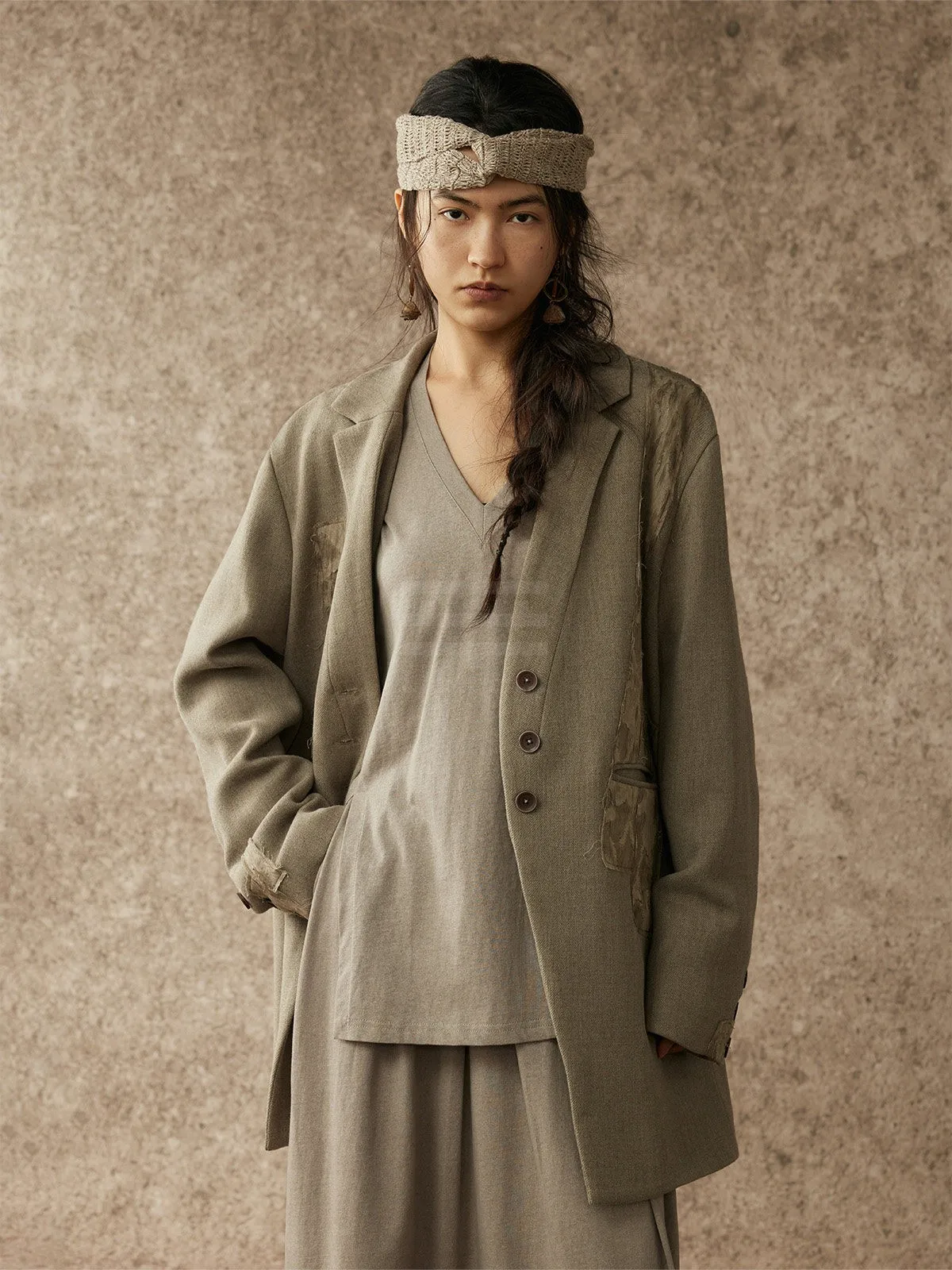 

alpa Lew Deconstructed Aesthetic Tear Cloth Handmade Patchwork Suit Asymmetric Cotton Blend Long Sve V-Ne Midi Dr