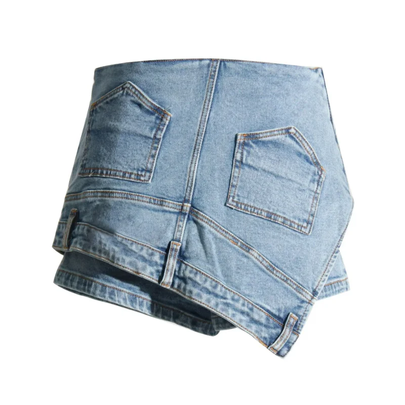 Street Hipster Crop Culottes Short Jeans Shorts Denim Women 2023 Autumn Irregular Mid-waist Solid High Street Europe and America
