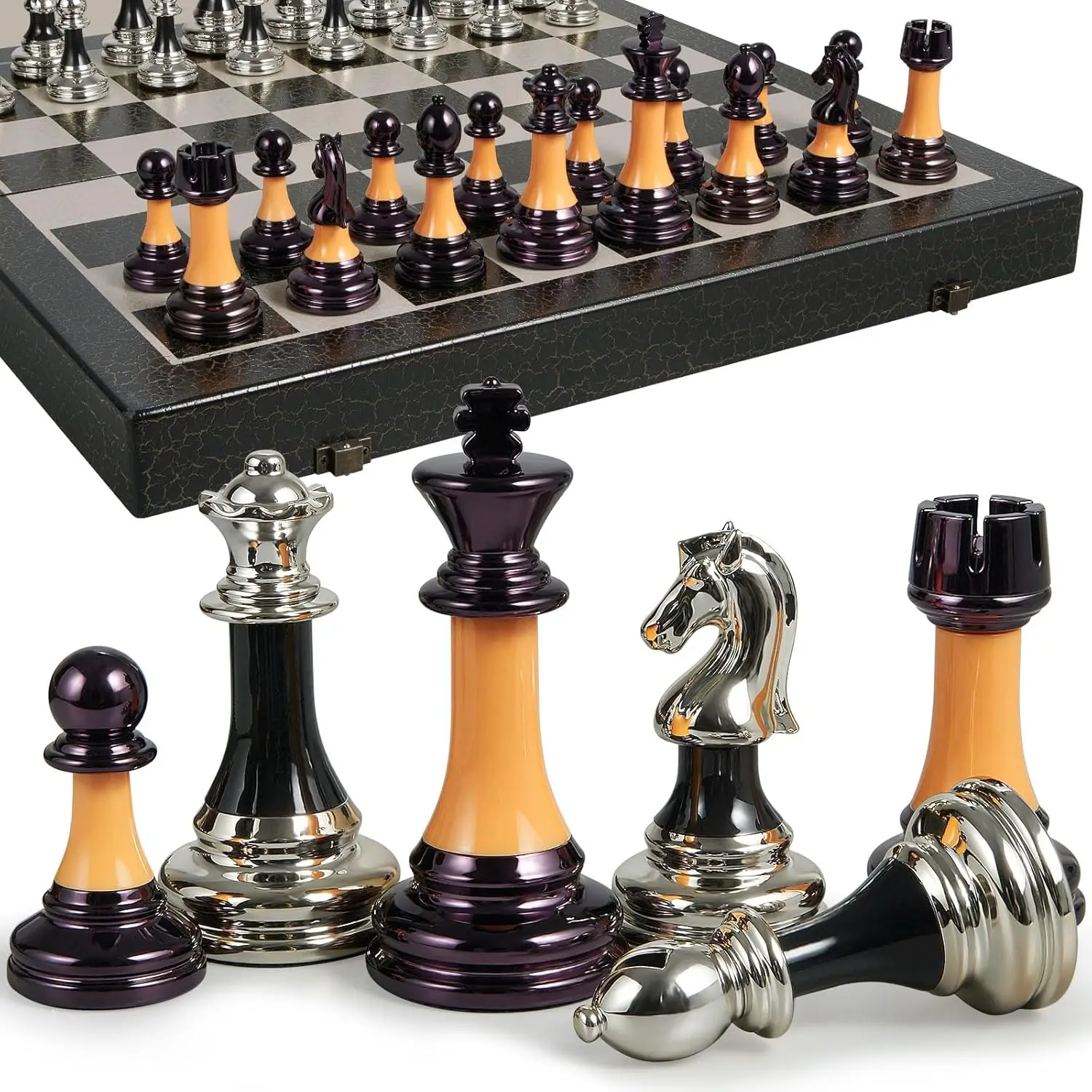 

16" Wooden Foldable Chess Set with Weighted Acrylic Pieces, 3.5" King, Storage Slots, for Adults Kids