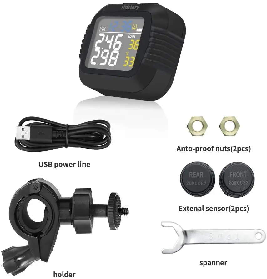 Infitary Motorcycle TPMS Tire Pressure Monitoring System Temperature Alarm 2 External Sensors Moto Tyre Alarm System Real Time