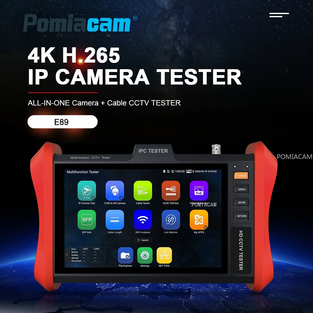 

Тестер IP-камер E88/E89 8 дюймов POE++ 90W SFP 4K H.265, тестер сетевых кабелей RJ45, вход VGA HDMI, UTP VFL, 8MP AHD/TVI/CVI