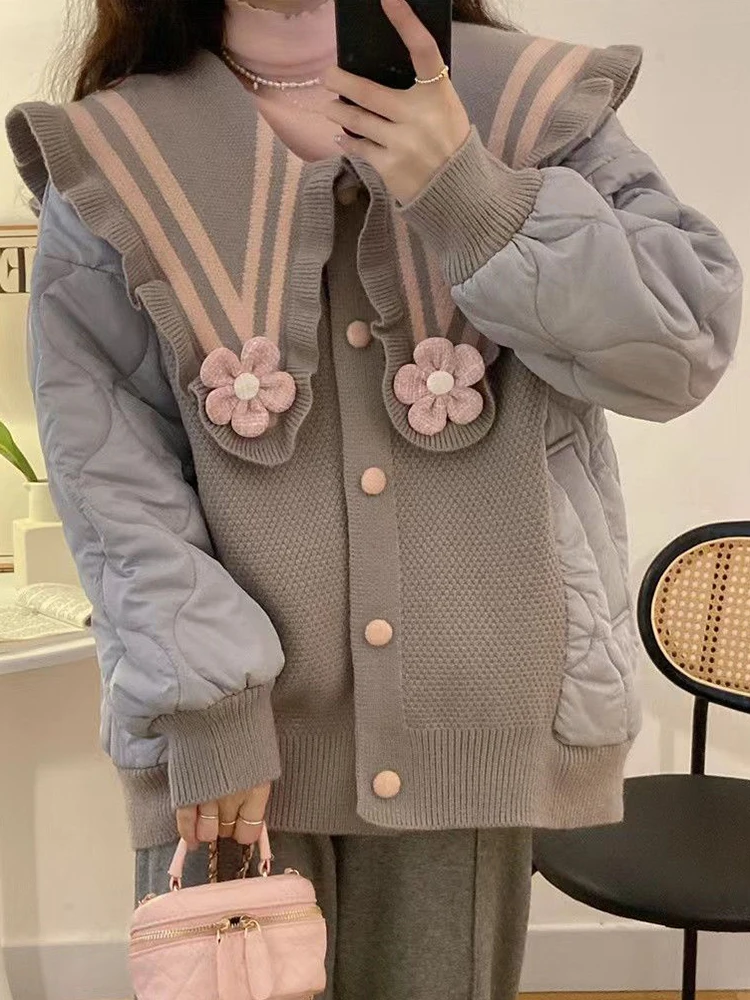 Oversized Parkas Women Winter Long Sleeve Knitted Spliced Quilted Coats Female Korean Fashion Sweet Flower Doll Collar Outerwear