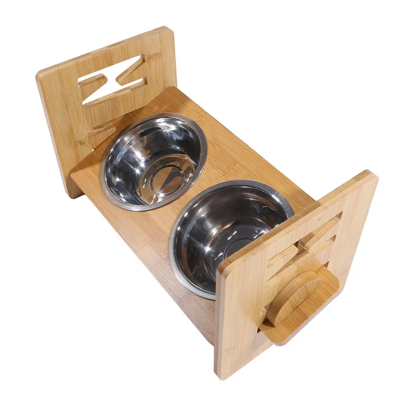 Adjustable Bamboo Elevated Dog Bowls With Stand Raised Puppy Cat Food Water Bowls Holder Rabbit Feeder For Small Medium Pet Dog