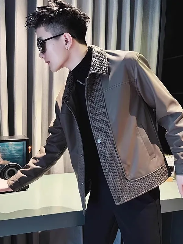 

Spring Autumn Men's Faion High-End Sense Biker Leather Windproof Coat Jaet Collar Splice Haome Sli Outerwear