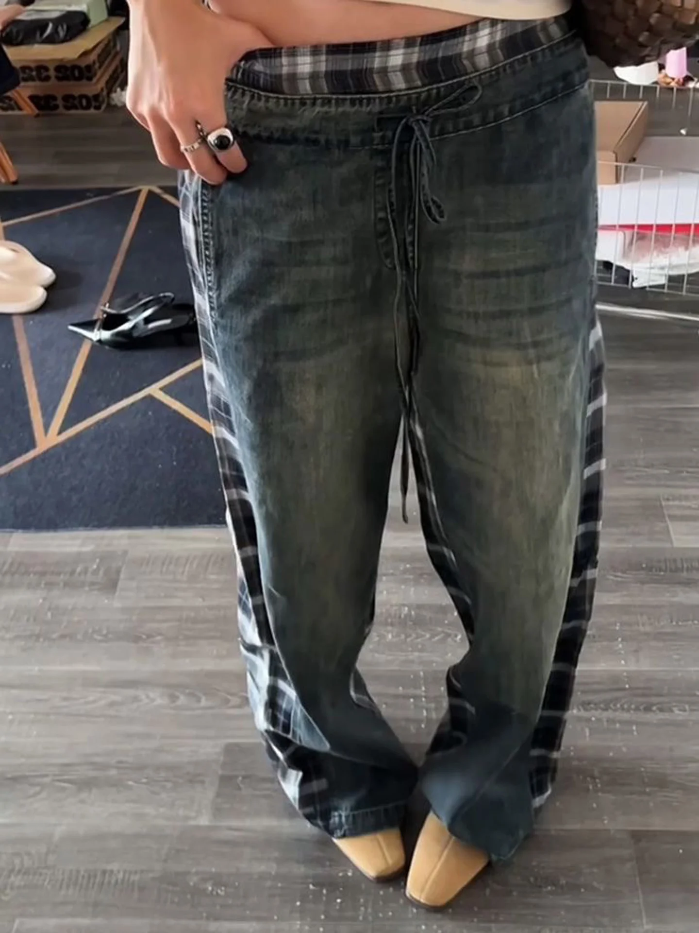American High Street Plaid Patchwork Loose Wide Leg Jeans Women's Autumn New Design Sensation Small Audience Denim Pants