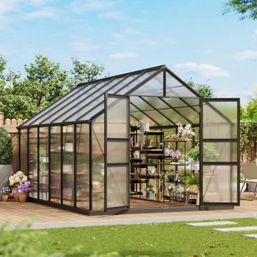 Heavy Duty Polycarbonate Walk-In Greenhouse for Outdoors - 8x12 FT Aluminum Frame - Lockable Hinged Door - 2 Roof Vents - Rain