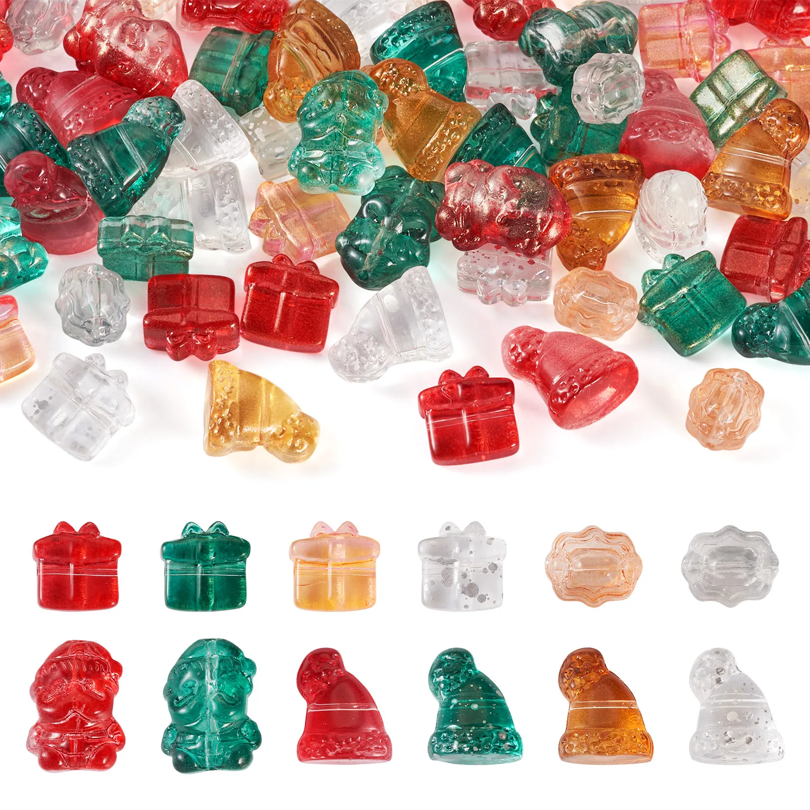 72Pcs Christmas Themes Transparent Glass Beads Gift Box Candy Santa Claus Christmas Hat Loose Beads for DIY Jewelry Making