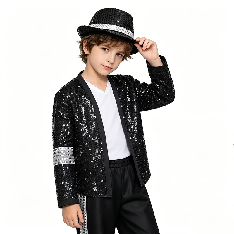 Kinder Hip-Hop-inspirierter Popstar-Paillettenanzug mit komplettem Zubehör: Hut, Handschuhe, Sonnenbrille für Halloween-Bühnen-Rollenspiele – Detail 4