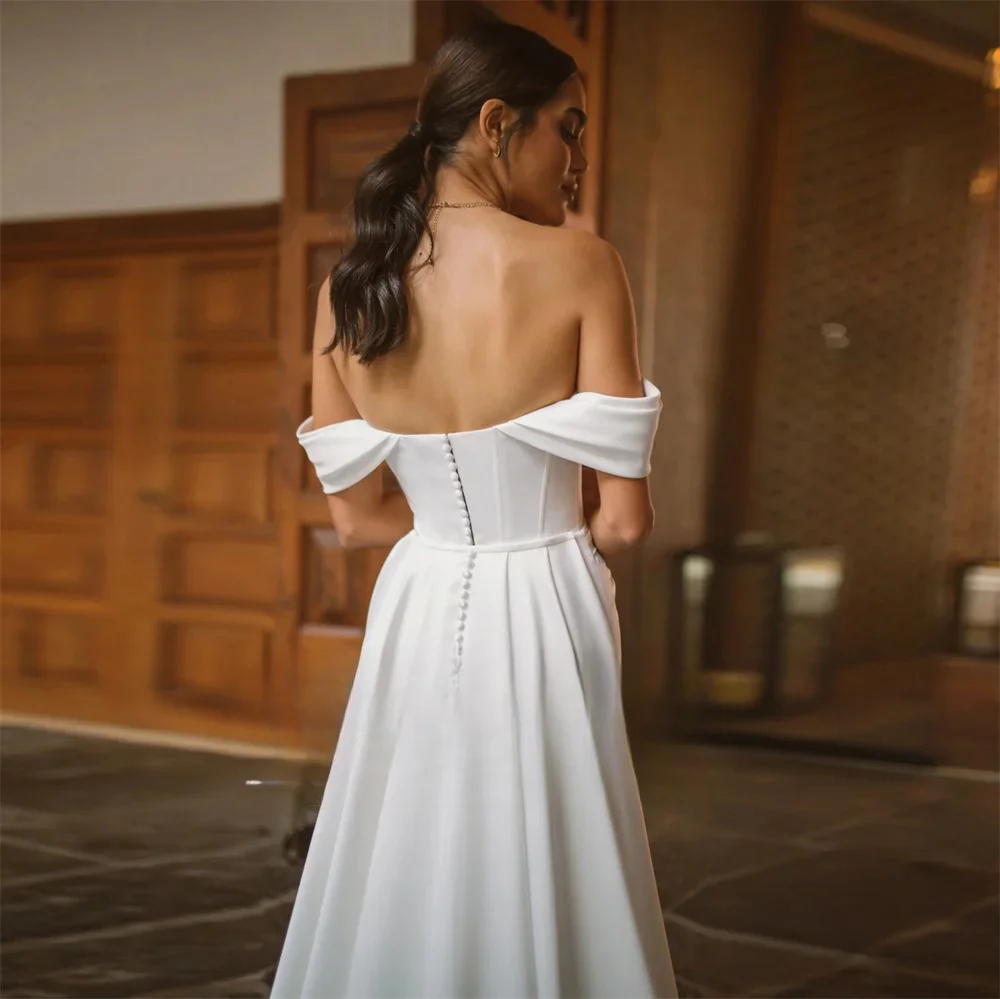 Customize To Measures Off-Shoulder Pleats V-Neck Crepe A-Line Wedding Dress Zipper Back High Side Slit Detachable Robe 2024