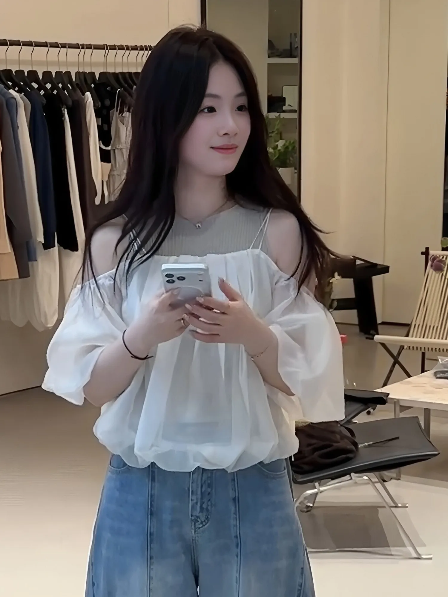 

Chic White Off-Shoulder Short Crop Top with Grey Inner Wear Women's Fashion Spring Set Breathable Lightweight Casual Outfit