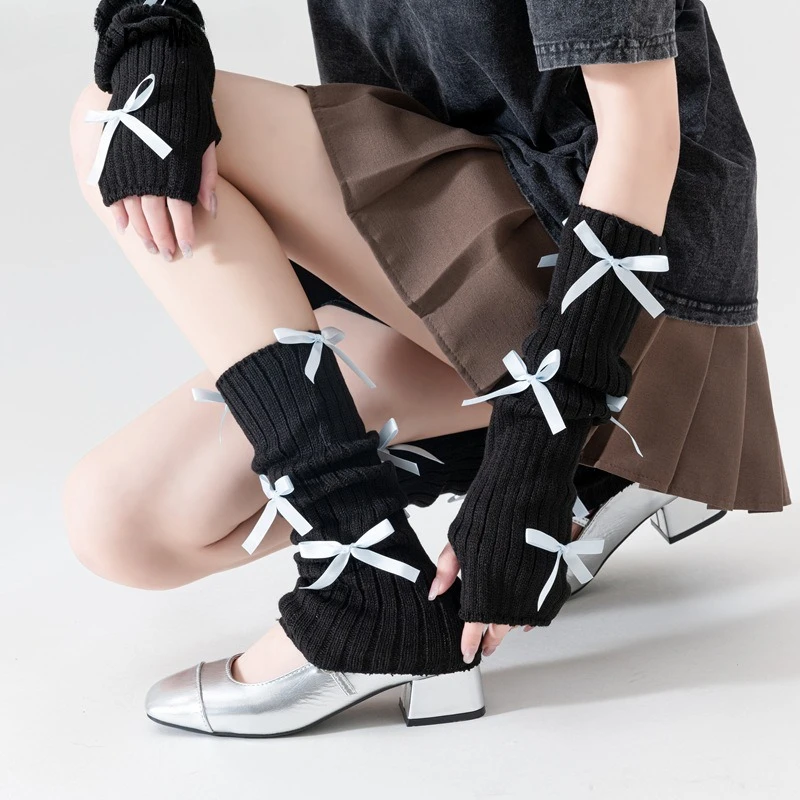 2-teiliges Handschuh-Sockenset, Kombination aus Y2K-Armset, Subkultur, freiliegende Finger, Schleife, Handschuh, Stapel, Socken-Set, Beinset
