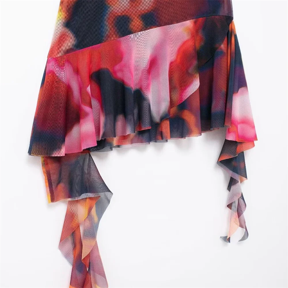 PB&ZA2024 Summer New Fashion Casual Women\'s Wear European and American Style Printed Silk Mesh Midi Bra Dress