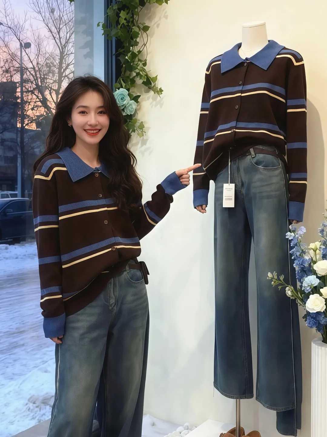 

Retro Striped Knitted Open Cardigan Women's plus Size Spring 2026 Slimming Top Color Blo Korean Sle Long Sve Regular Fit