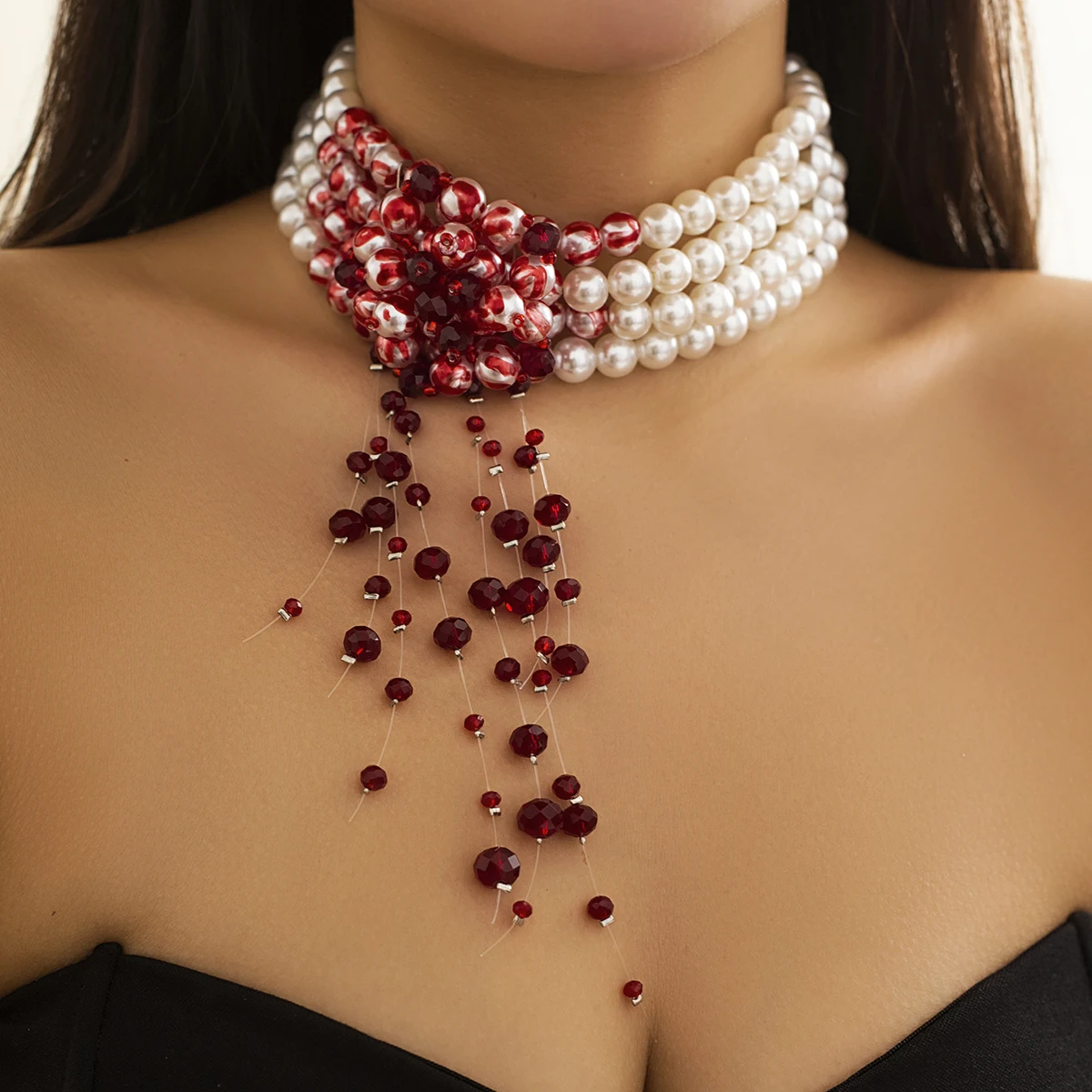 

Halloween Gothic Multi Layered Imitation Pearl Clavicle Necklace Harajuku Red Crystal Beads Tassel Choker Women Cosplay Jewelry