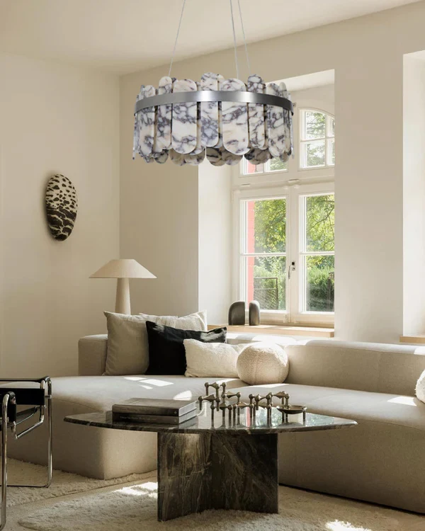 REVEN Modern Geometric Chandelier Suspended Dimmable Rectangular Luster Ceiling Light Marble Hardware for Dining Room