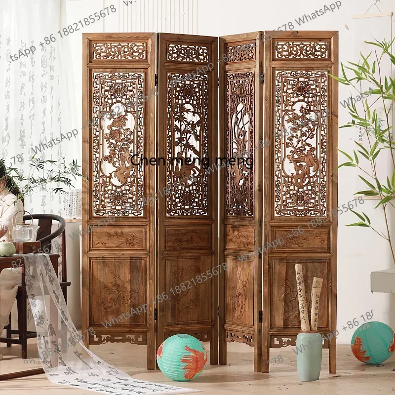smt01 Solid wood folding mobile screen old antique hollow carved camphor wood partition retro