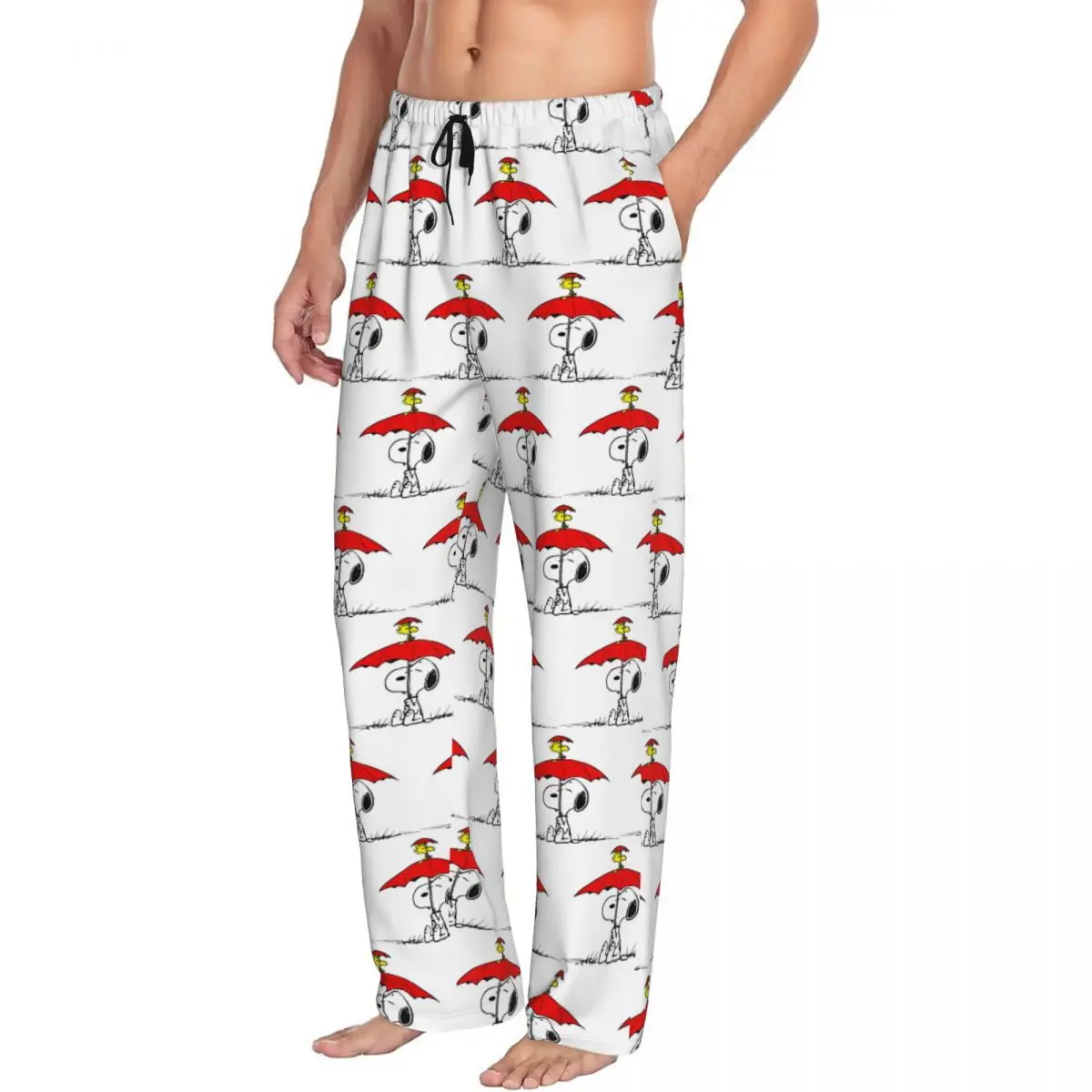 Custom Snoopy Woodstock Cartoon Animated Pajama Pants Sleepwear for Men Elastic Waistband Anime Dog Sleep Bottoms with Pockets