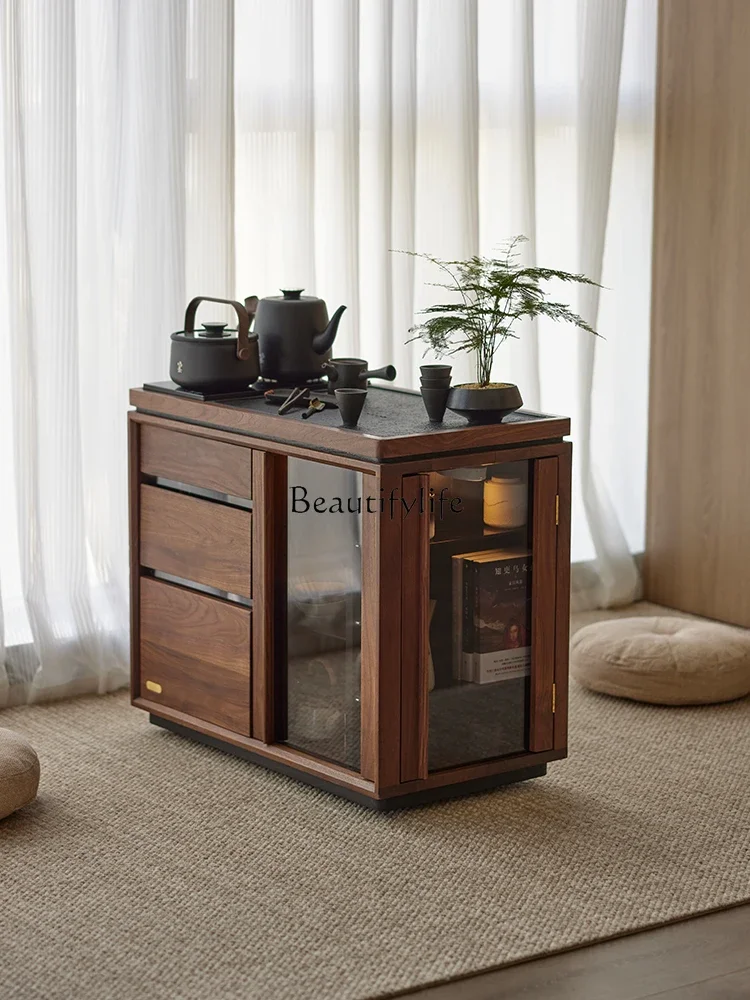 

05-*Solid wood mobile tea cabinet New Chinese black walnut tea edge cabinet