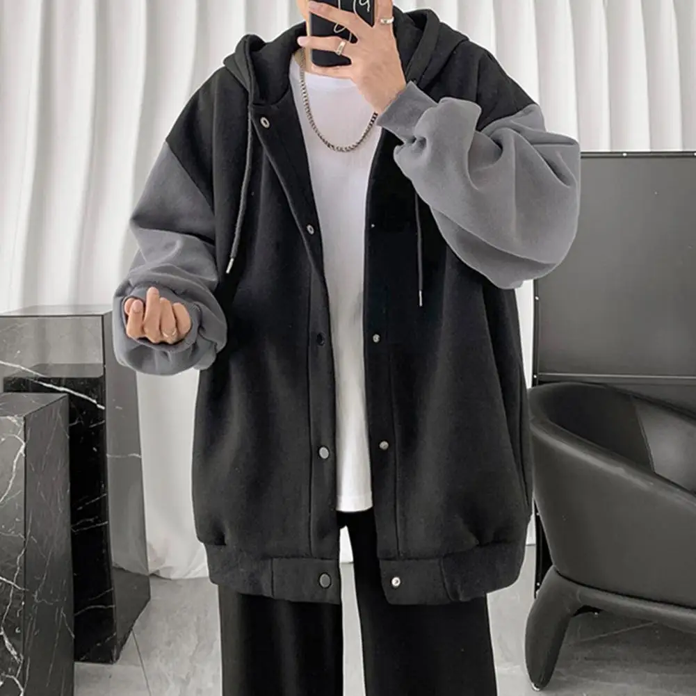 Unisex Hooded Jacket Color Block Patchwork Plush Lining Single-breasted Coldproof Autumn Winter Thicken Couple Coat Streetwear