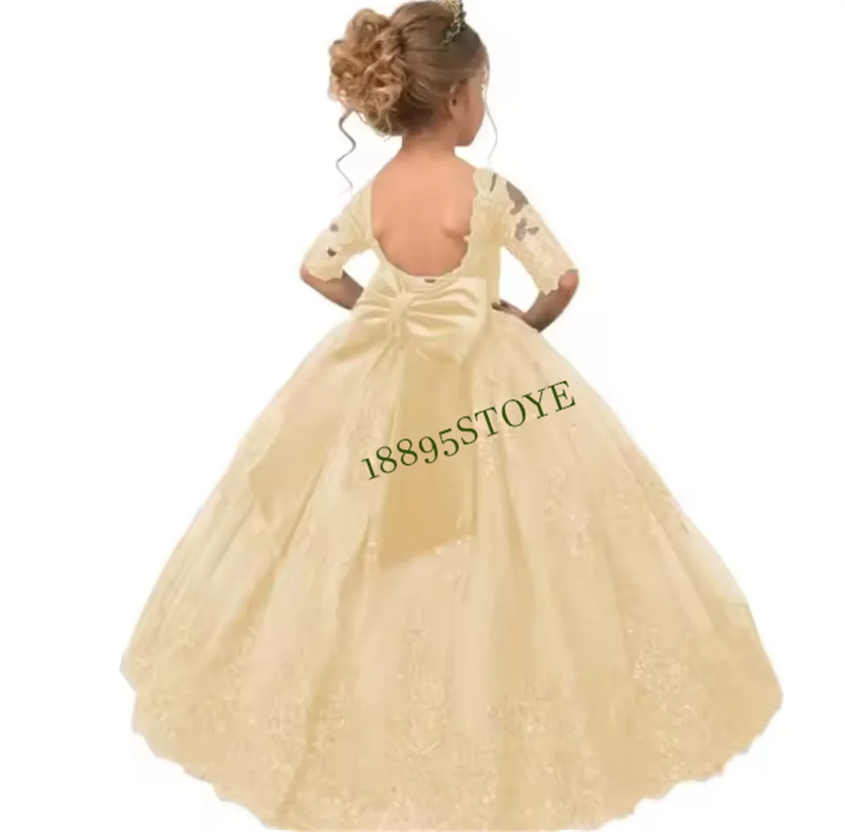 CustomizedElegant Lace Flower Girl Dress Tulle Half Sleeve Sequin Bow Baby Girl Princess Wedding Kids Birthday Gift Party First