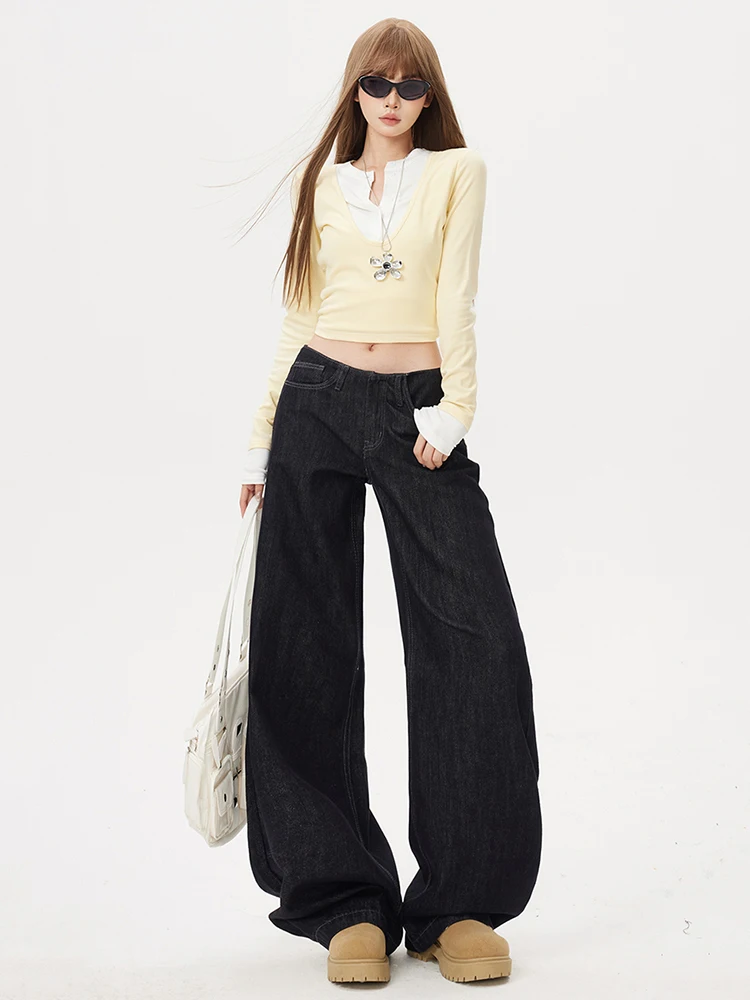

American Retro Wide Leg Jeans Women's Autumn New Slimming Loose Drapey Straight Floor-Length Pants Casual Cotton Blend