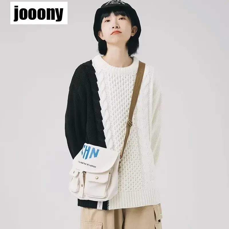 New Round Neck Loose Knit Sweater Pullover Coat Japanese Retro Contrast Color Spliced Sweater Pullover 2023 New Men's Versatile