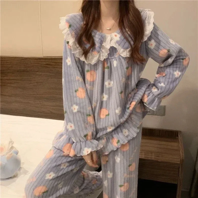 

Cartoon Pajama Sets Women-Warm Flannel Sleepwear with Lace Korean Peach Style Pijama Suit Comfortable Home Pant Sleepwear Girls