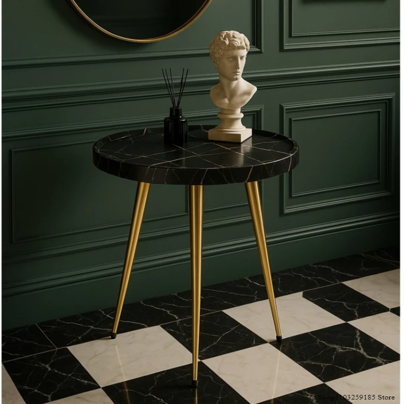

Round Black Tray Table with Gold Veins Chic Metal Leg Coffee Tables Minimalist End Tables for Scandinavian Living Room Furniture