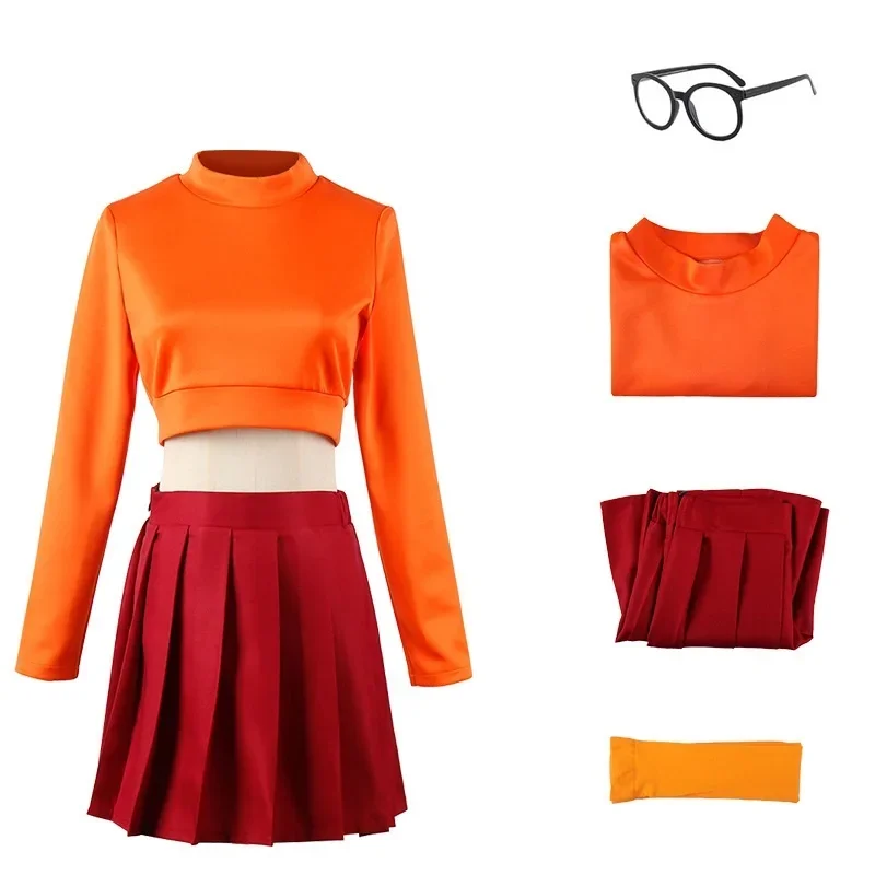 Anime Velma Cosplay Costumes pour femmes, olympiques orange, perruque rouge, uniforme d'Halloween, olympiques de carnaval