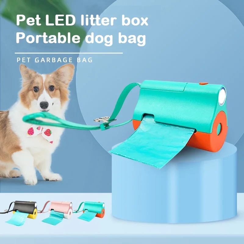 Portable Dog Poop Bag Dispenser with LED Flashlight Leash Clip Hands-Free Pet Waste Bags Holder with Strap Walking Dog Accessory