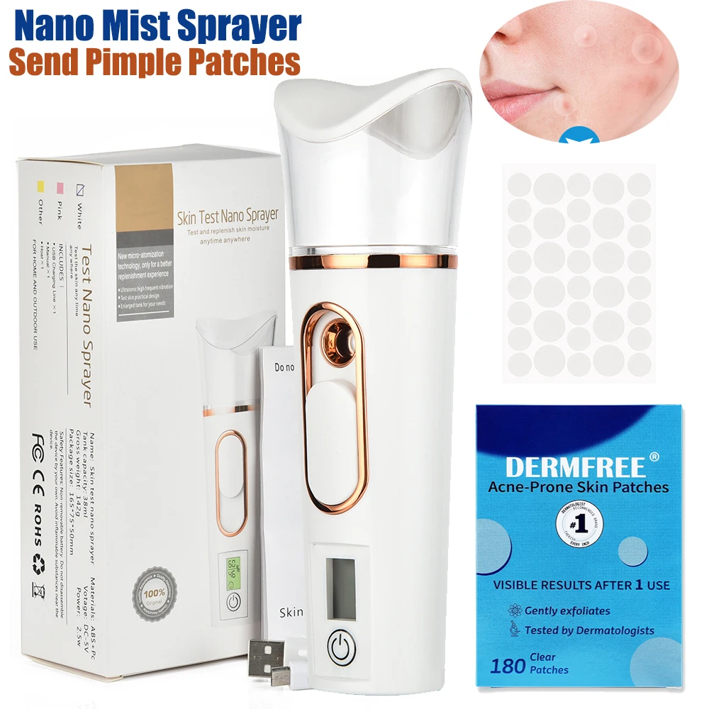 USB Nano Spruzzatore di nebbia facciale Tester di umidità della pelle Viso Vapore Umidificatore Strumento idratante con 180 cerotti invisibili per l'acne brufolo
