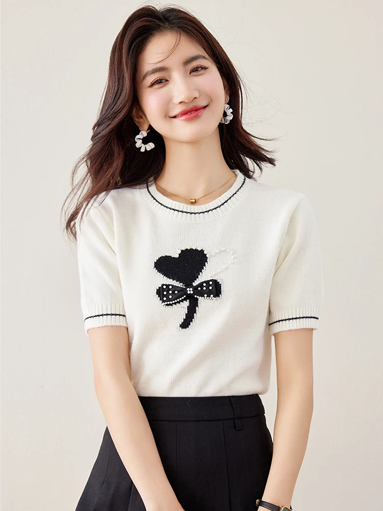 2024 Nowa letnia moda damska Sweter T-shirt z krótkim rękawem O-Neck Pullover Tops Casualowe dzianinowe topy