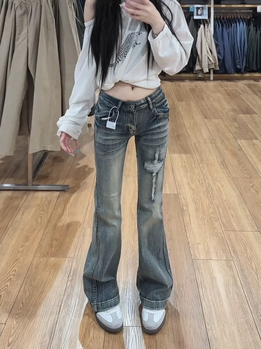 plus Size Retro Low Waist Denim Jeans Women's Slim Fit Stretchy Sexy Hole Design Straight Leg Micro Flared Pants Casual Wear