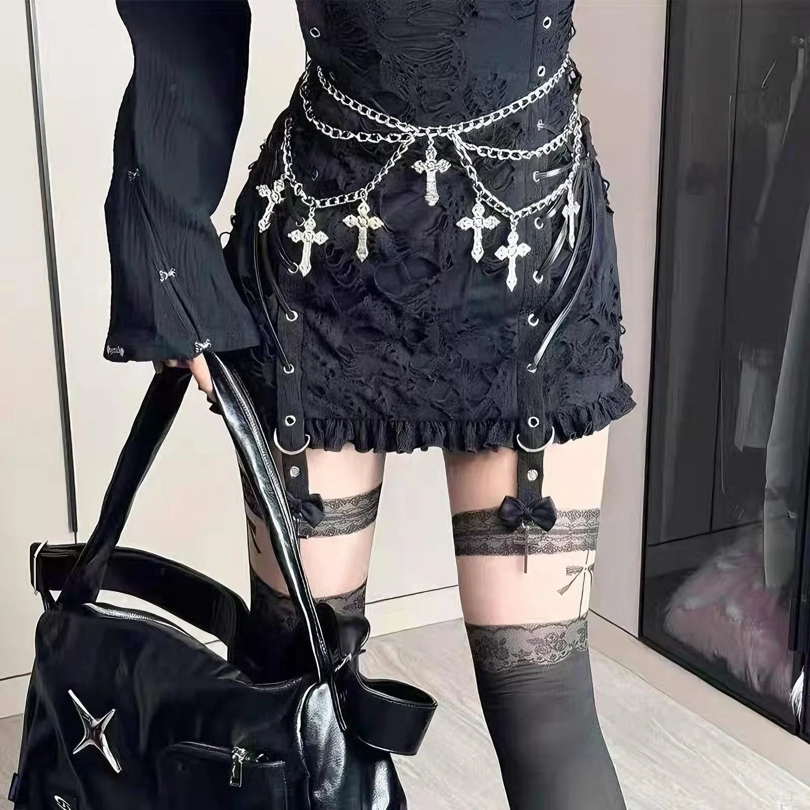 Punk Goth Steam Five-Pointed Star metal Waist Chain,JK cross  Accessory Skirt Chain,Subculture multi-layer Waist Belt,Y2K