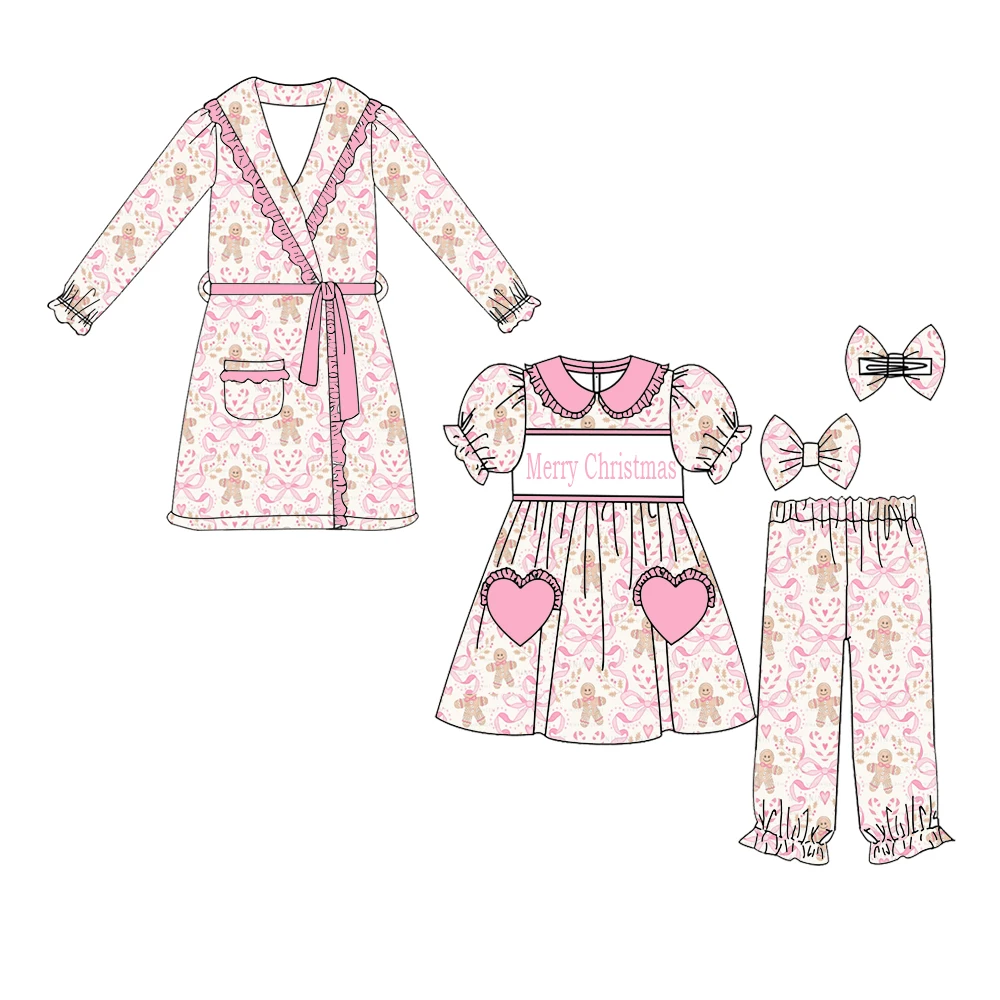 Boutique Children's Set Girls Christmas Short-Sleeve Top Pants Set Bow Cartoon Print Baby Long-Sleeve Sleep Robe 2-Piece Set