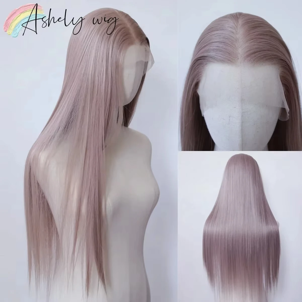 13*4 Gray Pink Synthetic Lace Front Wigs Greyish Pink Rose Long Straight Lace Front Wig for Women Pre Plucked Natural Hairline