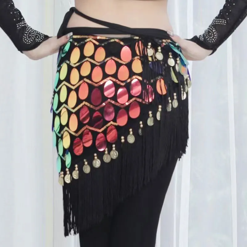 Women Sequins Tassel Coin Belly Dance Lesson Wear Hip Scarf Bellydance Practice Waist Skirts Chain Wrap Belt Towel Clothes Dance