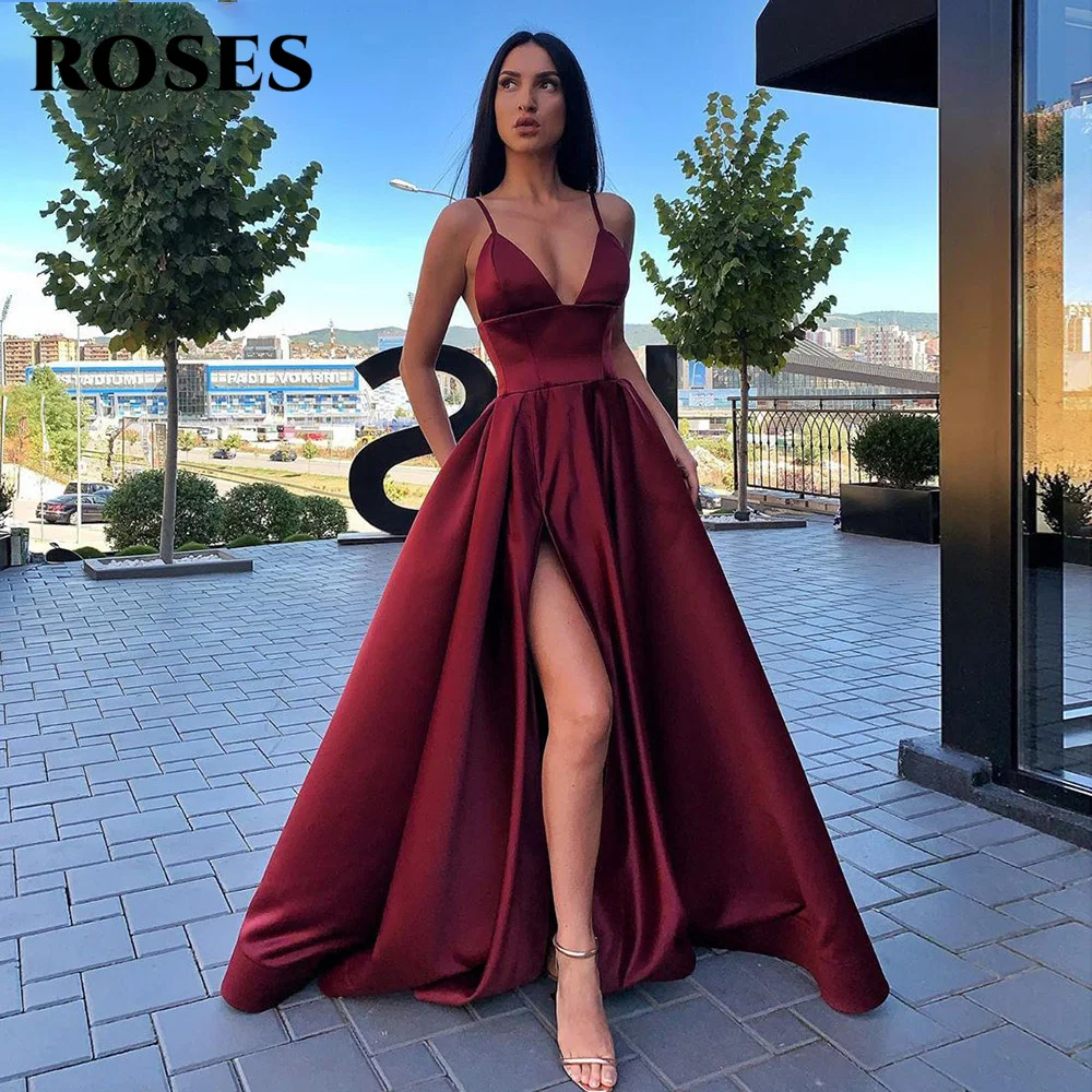 

ROSES Sexy V Neck Satin Evening Dresses Spaghetti Strap Side Slit Prom Dress High Waist Evening Gowns Party Dress Robe De Soiree