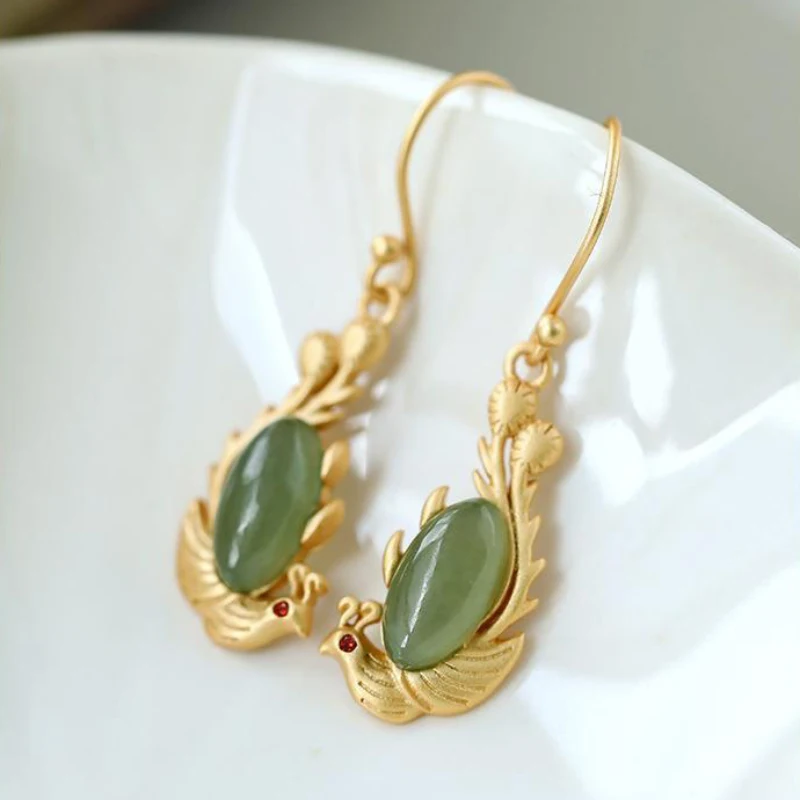 

Inspired Chinese Style Ancient Gold Craft Natural Hetian Jasper Earings for Women Classic Phoenix Eardrop Wedding Jewelry