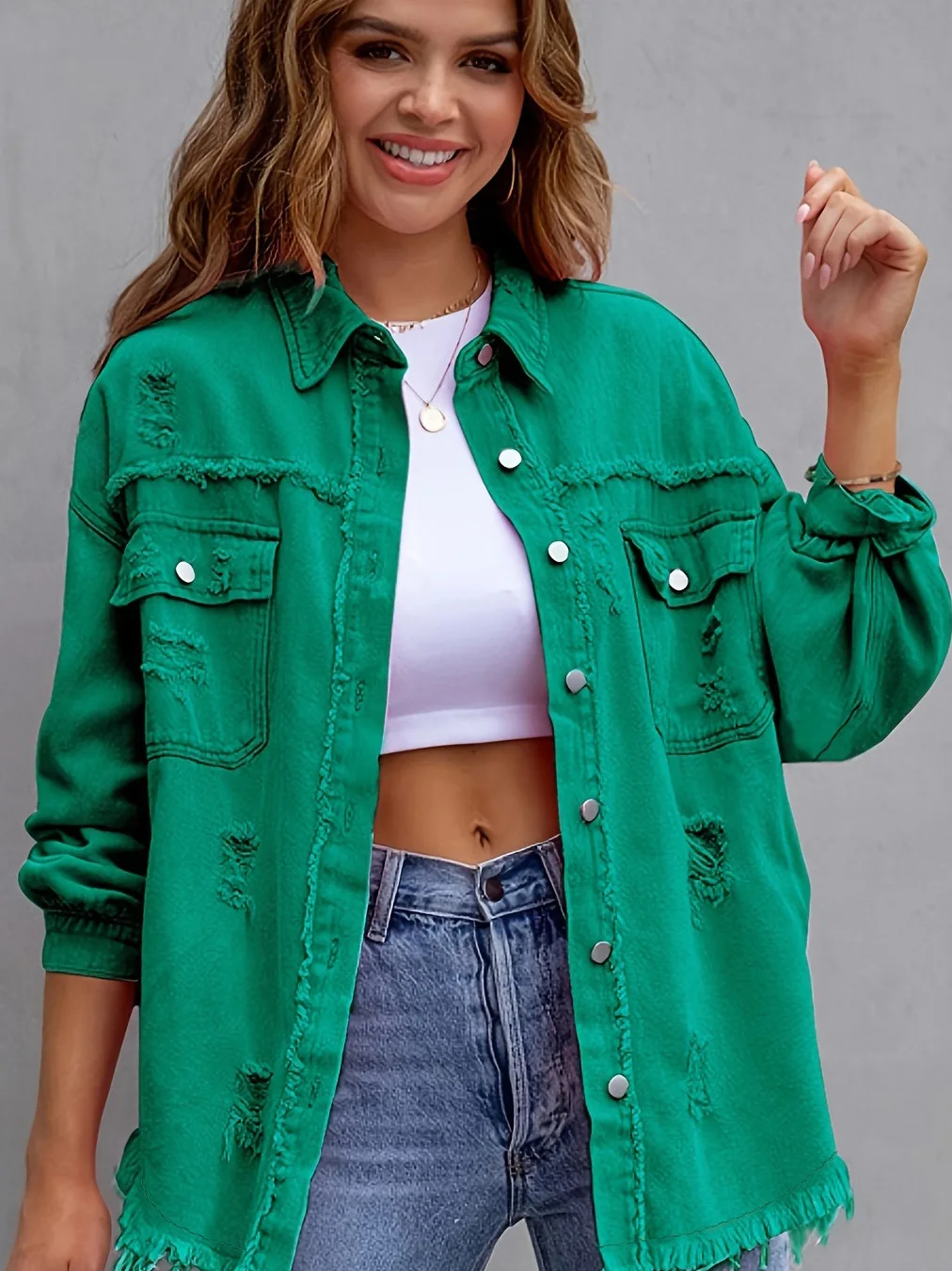 

Джинсовая куртка-жакет из рваного денима, удлиненная, средней длины, женская, повседневная, свободного кроя, для ежедневной носки, из полиэфирного волокна, утепленная верхняя одежда