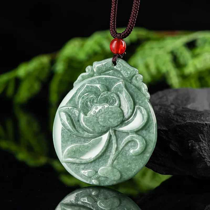 

Burmese Jade Lotus Pendant Choker Jewelry Gemstones Necklace Charm Natural Fashion Men Emerald Jadeite Green Accessories Gift