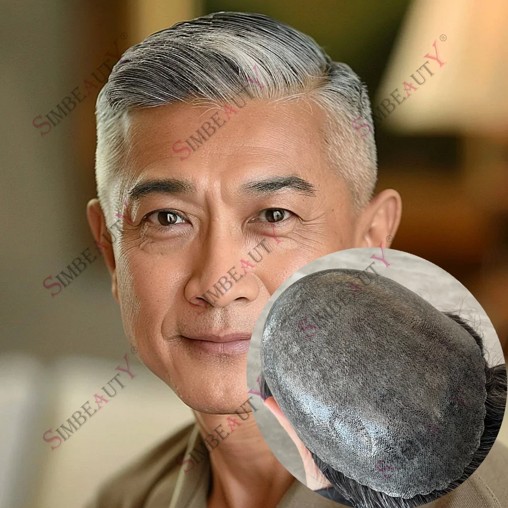 

Natural Hairline 1B80 1B65 1B50 Grey Old Man Hairloss RealHuman Hair #4 System Prosthes Capillary Durable 0.1mm Full PU Base Wig