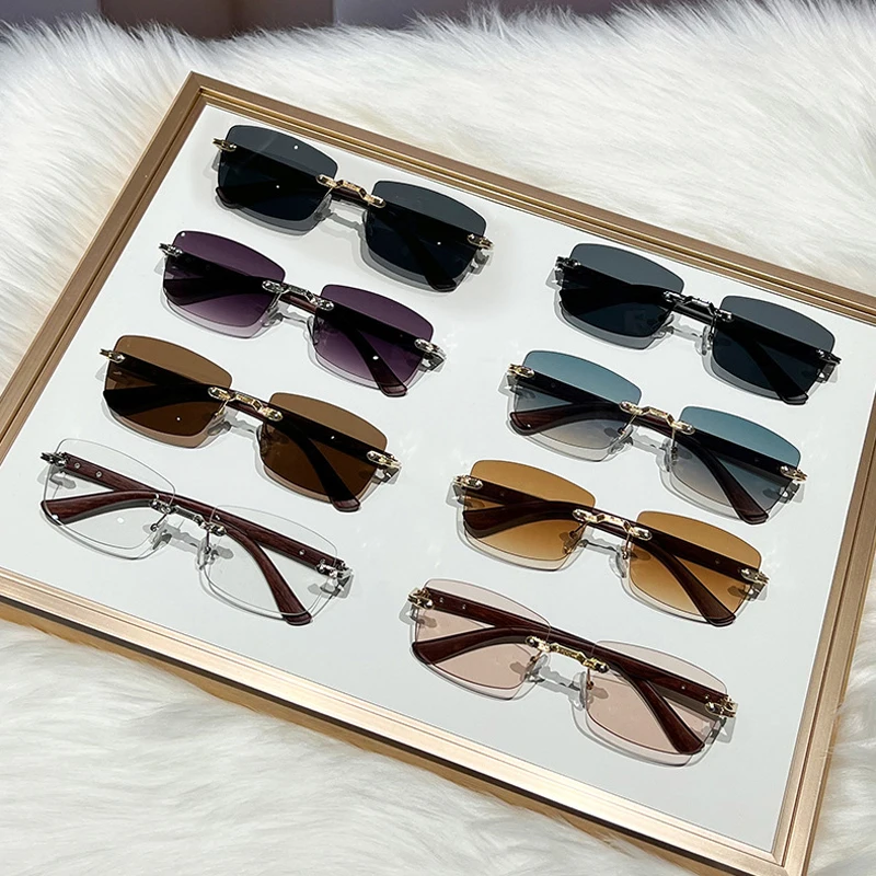 

8Pieces/Set Of Sunglasses Women Fashion Rectangle Rimless Sun Glasses Retro Wooden Frame Eyewear Outdoor Wedding Accessory
