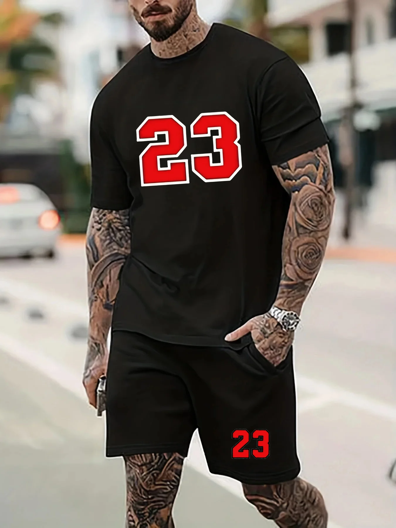 100% Cotton Men\'s Summer Short Sleeved T-shirt+Shorts Set Trend T-Shirts Short Sleeve 3D Gradient Print Street Male T Shirt