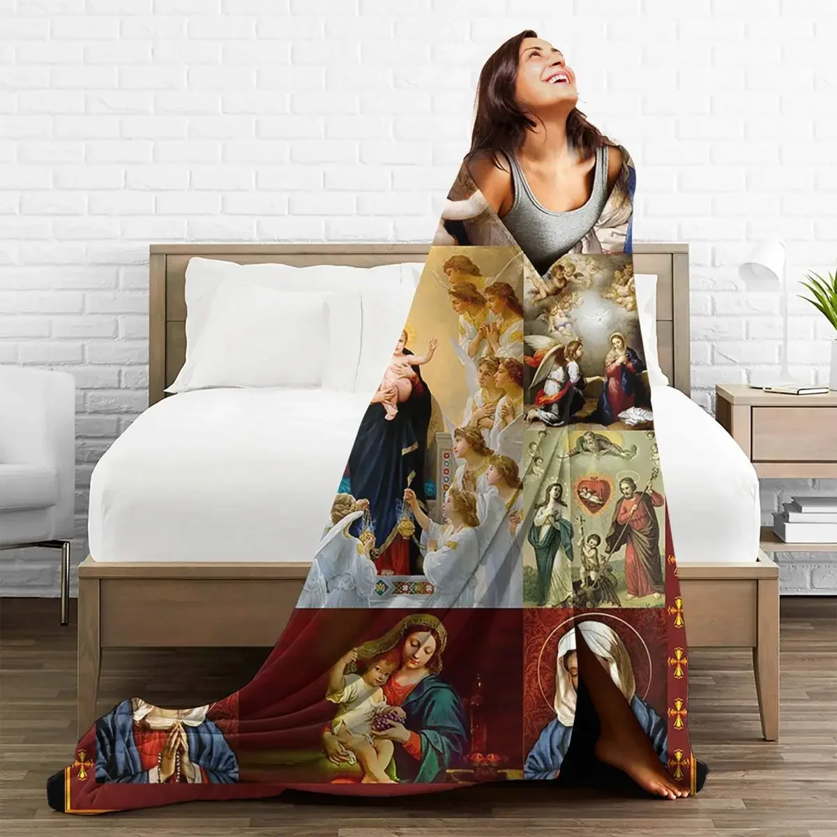 

Baby Blanket Jesus Virgin Mary Christian Catholic Plaid Flannel Textile Decor Soft Breathable Throw for Home Travel Rug Piece