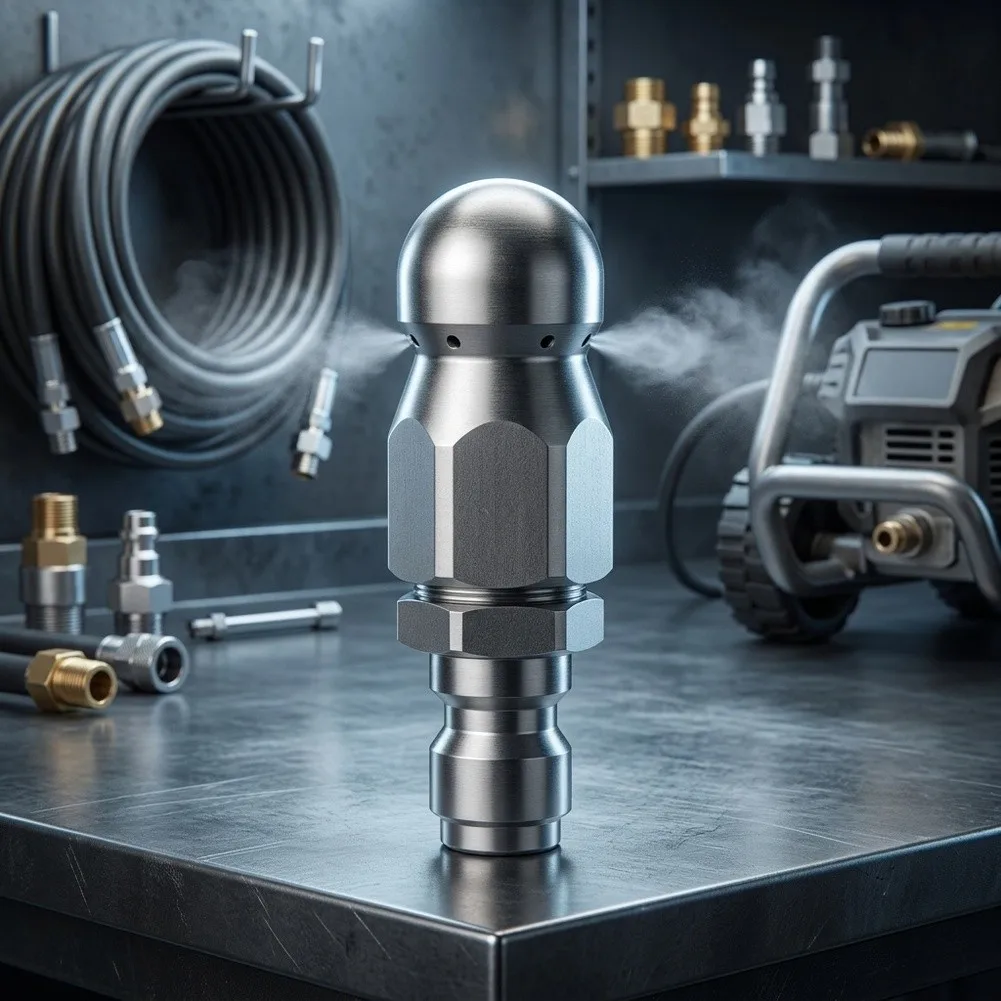 Stainless Steel Rotating Hose Nozzle for Pressure Washers with Front Jet and Six Rear Jets for Effective Flushing