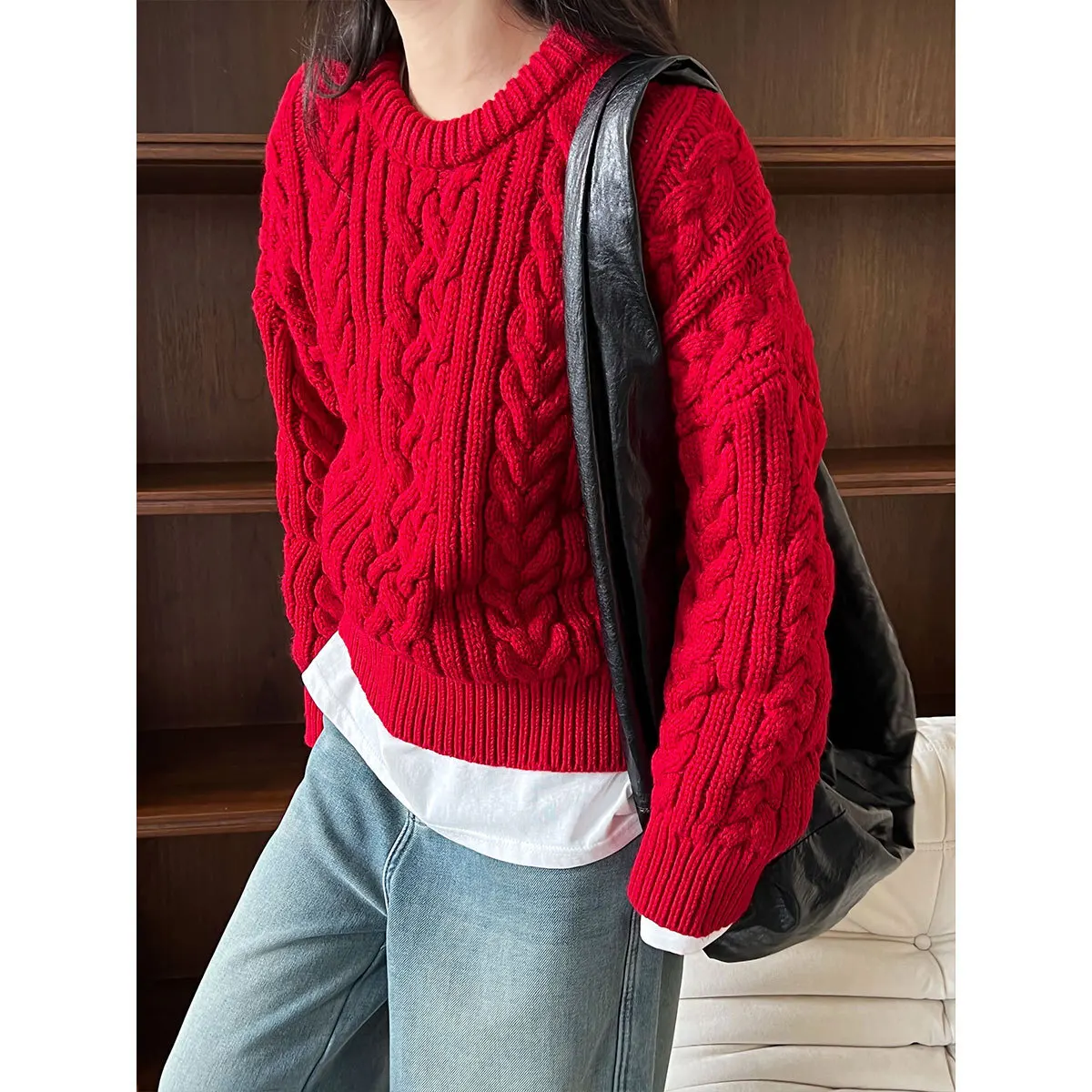 

Утолщенный вязаный свитер женский осенне-зимний свободный красный топ