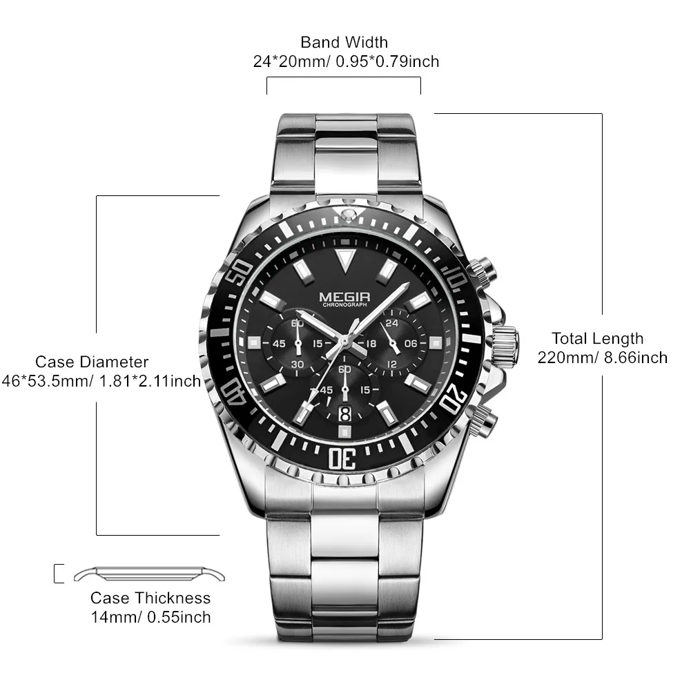 MEGIR Original Luxury Men Business Quartz Watches Stainless Steel Chronograph Military Wristwatch Clock Relogio Masculino 2064