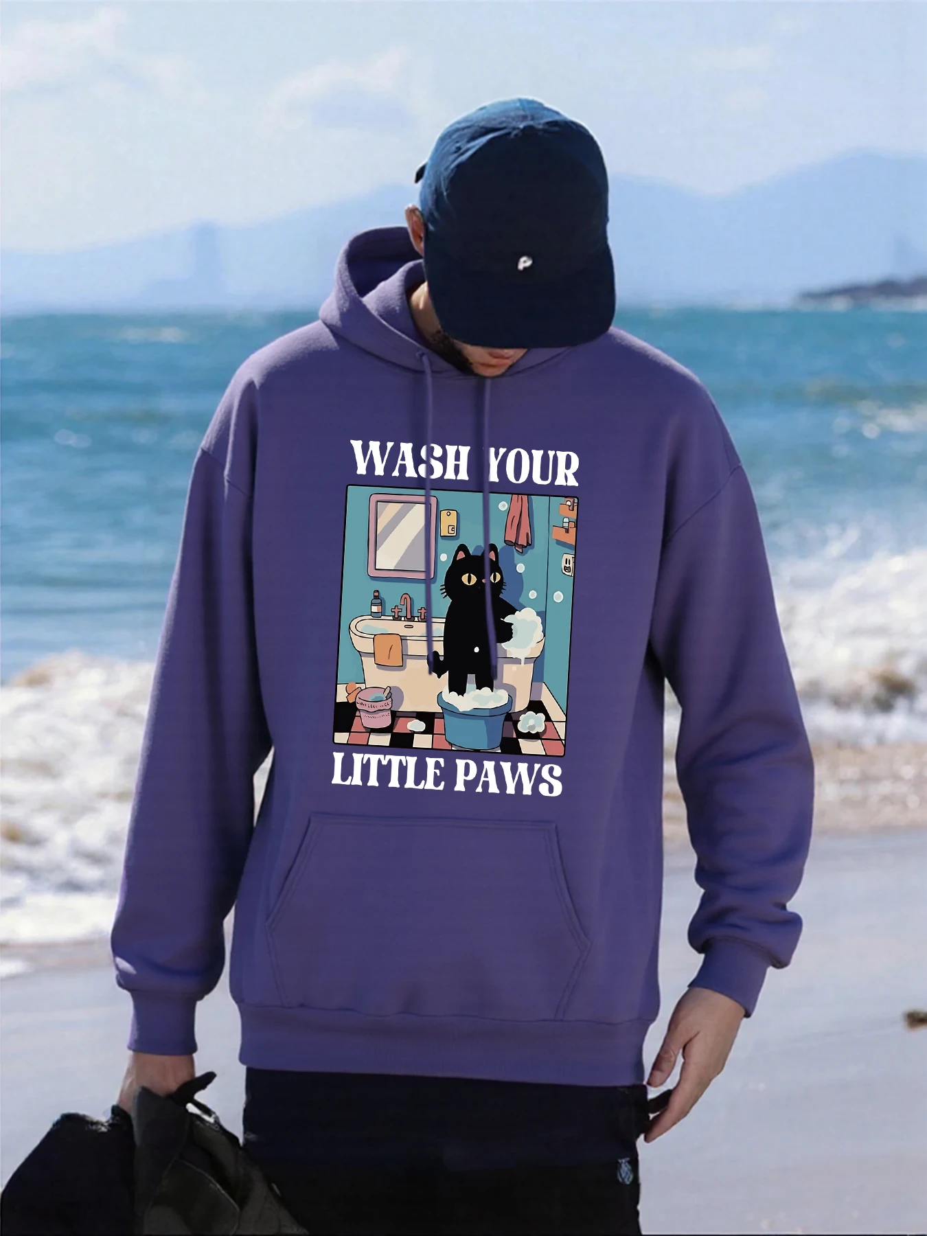 اغسل Your Littele Paws Cat نمط الرجال هوديس عادية الخريف جيب الشارع الشهير فضفاض الهيب هوب البلوفرات الصوف رجل هودي